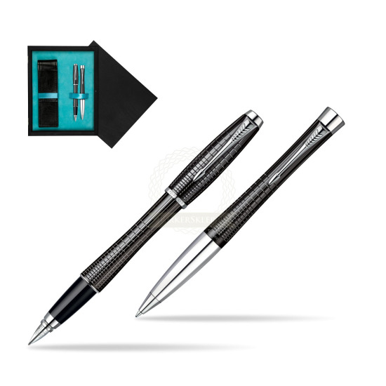 Parker Urban Premium Ebony Metal Chiselled CT Fountain Pen + Parker Urban Premium Ebony Metal Chiselled CT Ballpoint Pen in a Gift Box in double wooden box Black Double Turquoise