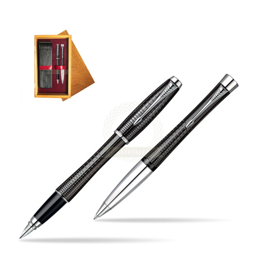 Parker Urban Premium Ebony Metal Chiselled CT Fountain Pen + Parker Urban Premium Ebony Metal Chiselled CT Ballpoint Pen in a Gift Box in double wooden box Honey Double Maroon