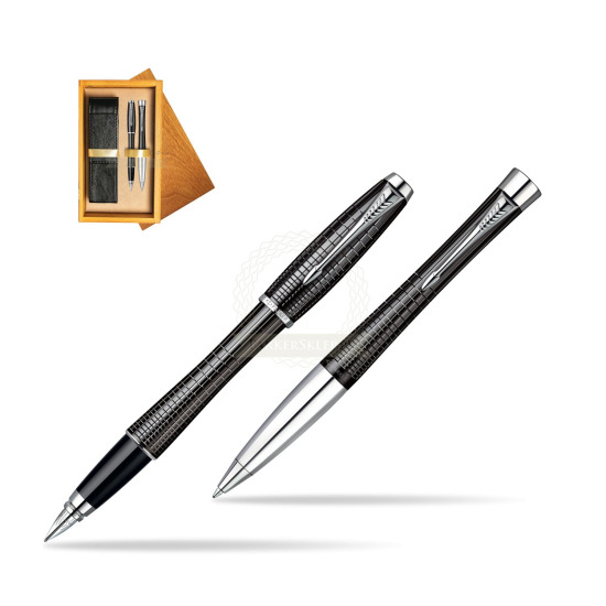 Parker Urban Premium Ebony Metal Chiselled CT Fountain Pen + Parker Urban Premium Ebony Metal Chiselled CT Ballpoint Pen in a Gift Box in double wooden box Honey Double Ecru
