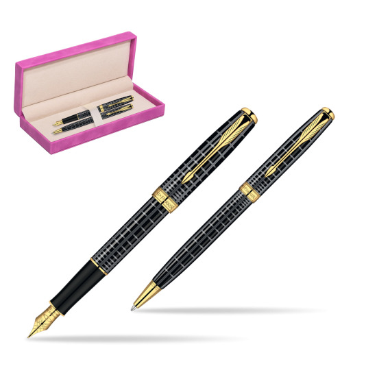 Parker Sonnet Dark Grey Lacquer GT Fountain Pen + Parker Sonnet Dark Grey Lacquer GT Ballpoint Pen in a Gift Box in suede box fuchsia