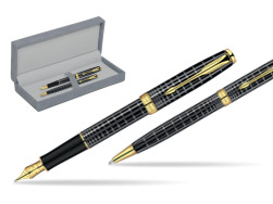 Parker Sonnet Dark Grey Lacquer GT Fountain Pen + Parker Sonnet Dark Grey Lacquer GT Ballpoint Pen in a Gift Box in suede box grey