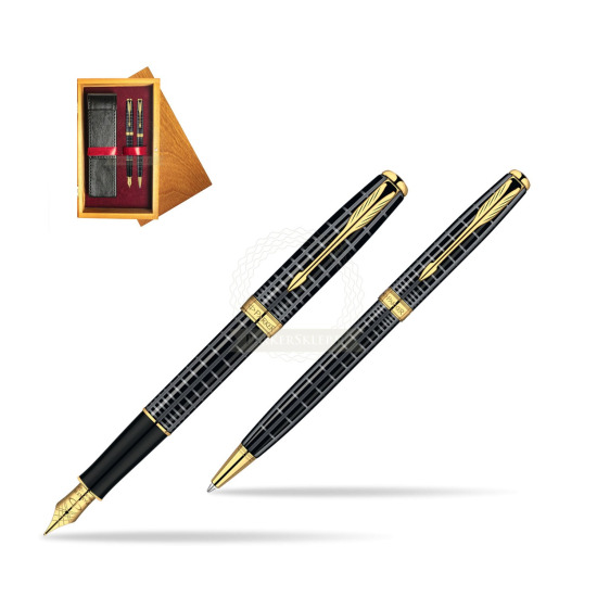 Parker Sonnet Dark Grey Lacquer GT Fountain Pen + Parker Sonnet Dark Grey Lacquer GT Ballpoint Pen in a Gift Box in double wooden box Honey Double Maroon