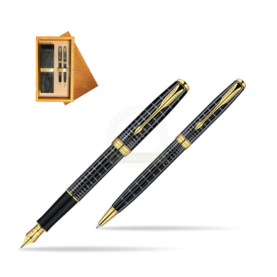 Parker Sonnet Dark Grey Lacquer GT Fountain Pen + Parker Sonnet Dark Grey Lacquer GT Ballpoint Pen in a Gift Box in double wooden box Honey Double Ecru