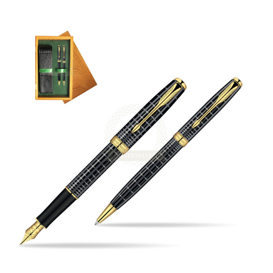 Parker Sonnet Dark Grey Lacquer GT Fountain Pen + Parker Sonnet Dark Grey Lacquer GT Ballpoint Pen in a Gift Box in double wooden box Honey Green