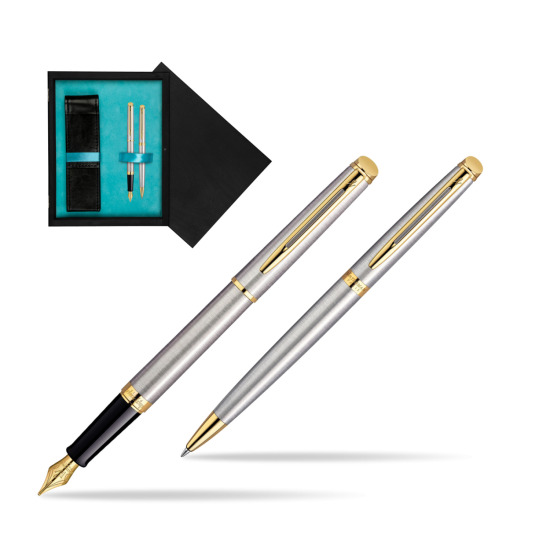 Waterman Hémisphère Stainless Steel GT Penna Stilografica + Waterman Hémisphère Stainless Steel GT Penna a Sfera in double wooden box Black Double Turquoise