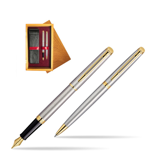 Waterman Hémisphère Stainless Steel GT Penna Stilografica + Waterman Hémisphère Stainless Steel GT Penna a Sfera in double wooden box Honey Double Maroon
