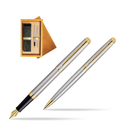 Waterman Hémisphère Stainless Steel GT Penna Stilografica + Waterman Hémisphère Stainless Steel GT Penna a Sfera in double wooden box Honey Double Ecru
