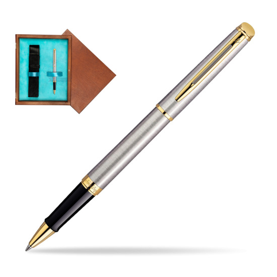 Waterman Hémisphère Stainless Steel GT RollerPenna a Sfera in single wooden box Mahogany Single Turquoise 