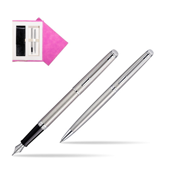 Waterman Hémisphère Stainless Steel CT Penna Stilografica + Hémisphère Stainless Steel CT Penna a Sfera in confezione regalo in suede box fuchsia