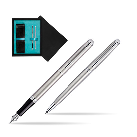 Waterman Hémisphère Stainless Steel CT Penna Stilografica + Hémisphère Stainless Steel CT Penna a Sfera in confezione regalo in double wooden box Black Double Turquoise