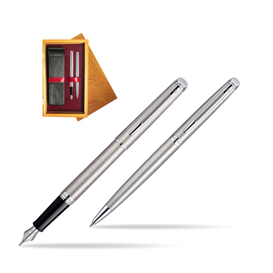 Waterman Hémisphère Stainless Steel CT Penna Stilografica + Hémisphère Stainless Steel CT Penna a Sfera in confezione regalo in double wooden box Honey Double Maroon