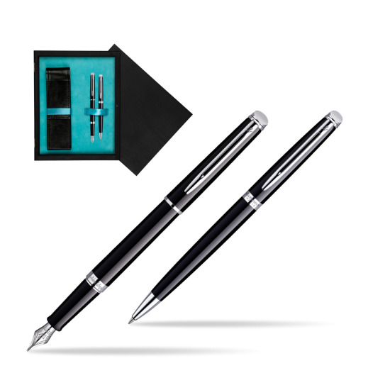 Waterman Hémisphère Black CT Penna Stilografica + Waterman Hémisphère Black CT Penna a Sfera in double wooden box Black Double Turquoise