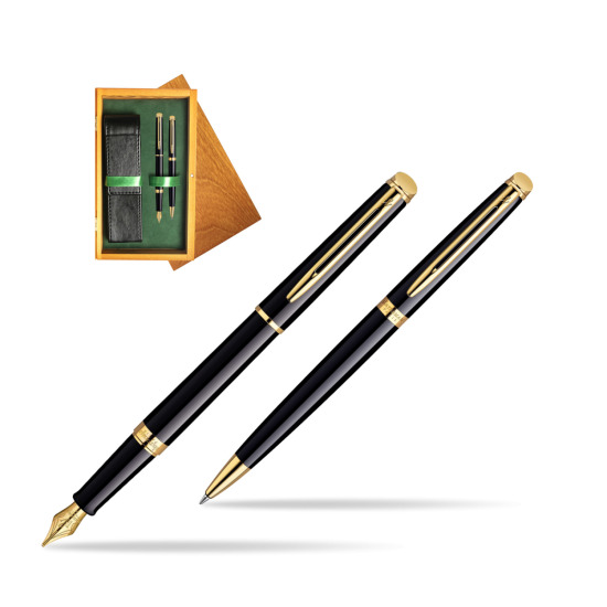 Waterman Hémisphère Black GT Penna Stilografica + Waterman Hémisphère Black GT Penna a Sfera in confezione regalo in double wooden box Honey Green