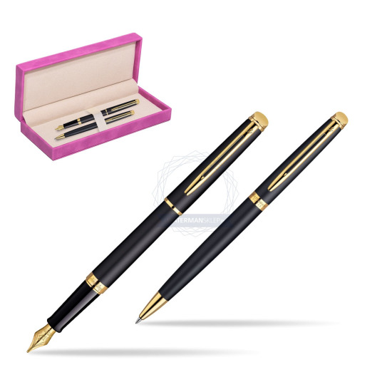 Waterman Hémisphère Matt Black GT Penna Stilografica + Waterman Hémisphère Matt Black GT Penna a Sfera in suede box fuchsia