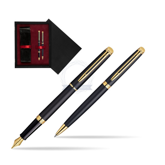 Waterman Hémisphère Matt Black GT Penna Stilografica + Waterman Hémisphère Matt Black GT Penna a Sfera in double wooden box Black Double Maroon