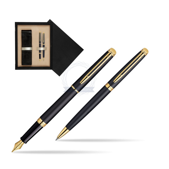 Waterman Hémisphère Matt Black GT Penna Stilografica + Waterman Hémisphère Matt Black GT Penna a Sfera in double wooden box Black Double Ecru