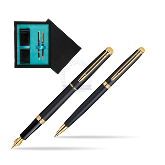 Waterman Hémisphère Matt Black GT Penna Stilografica + Waterman Hémisphère Matt Black GT Penna a Sfera in double wooden box Black Double Turquoise