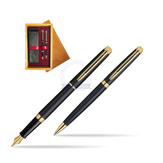 Waterman Hémisphère Matt Black GT Penna Stilografica + Waterman Hémisphère Matt Black GT Penna a Sfera in double wooden box Honey Double Maroon
