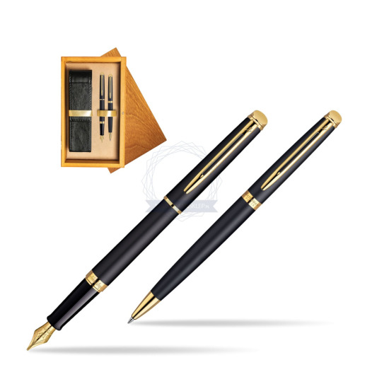 Waterman Hémisphère Matt Black GT Penna Stilografica + Waterman Hémisphère Matt Black GT Penna a Sfera in double wooden box Honey Double Ecru