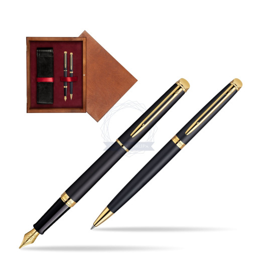 Waterman Hémisphère Matt Black GT Penna Stilografica + Waterman Hémisphère Matt Black GT Penna a Sfera in double wooden box Mahogany Double Maroon