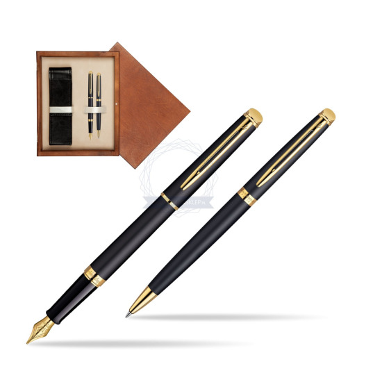 Waterman Hémisphère Matt Black GT Penna Stilografica + Waterman Hémisphère Matt Black GT Penna a Sfera in double wooden box Mahogany Double Ecru