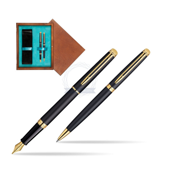 Waterman Hémisphère Matt Black GT Penna Stilografica + Waterman Hémisphère Matt Black GT Penna a Sfera in double wooden box Mahogany Double Turquoise 