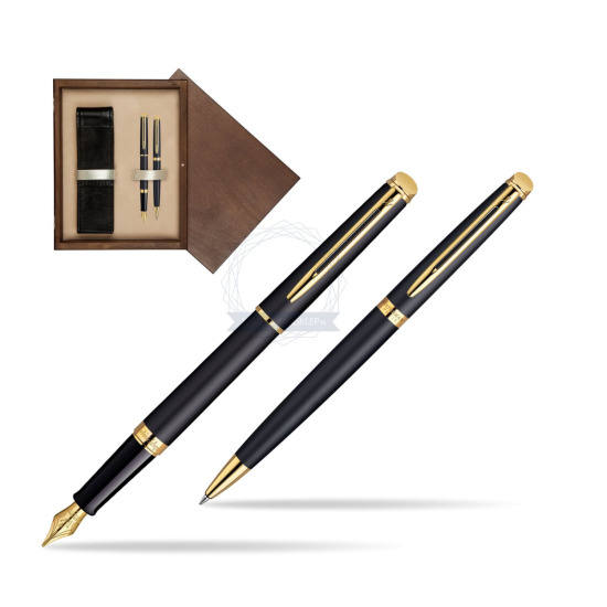 Waterman Hémisphère Matt Black GT Penna Stilografica + Waterman Hémisphère Matt Black GT Penna a Sfera in double wooden box Wenge Double Ecru