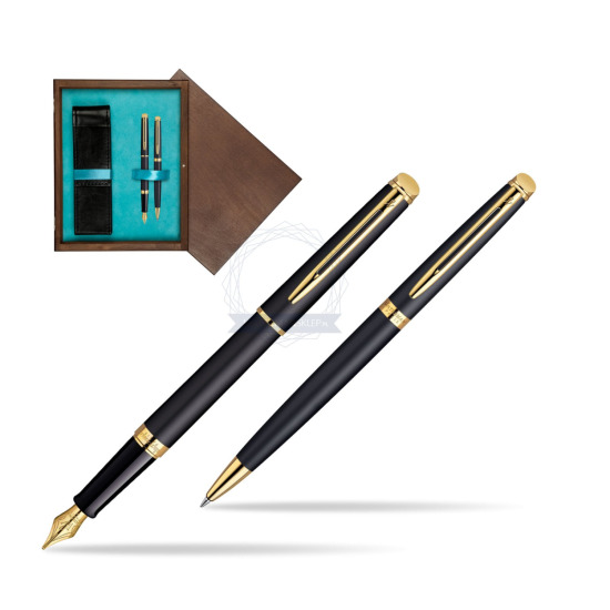 Waterman Hémisphère Matt Black GT Penna Stilografica + Waterman Hémisphère Matt Black GT Penna a Sfera in double wooden box Wenge Double Turquoise 