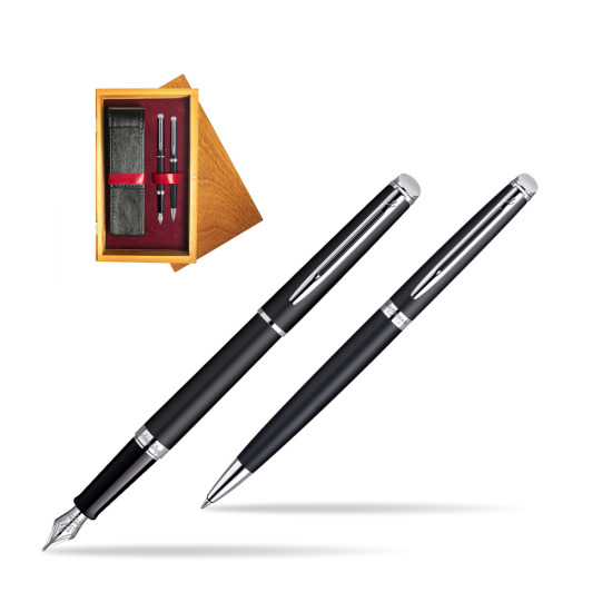Waterman Hémisphère Matt Black CT Penna Stilografica + Waterman Hémisphère Matt Black CT Penna a Sfera in double wooden box Honey Double Maroon