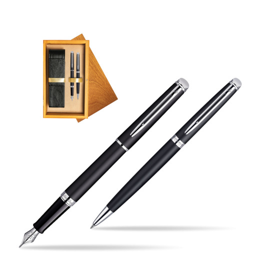 Waterman Hémisphère Matt Black CT Penna Stilografica + Waterman Hémisphère Matt Black CT Penna a Sfera in double wooden box Honey Double Ecru