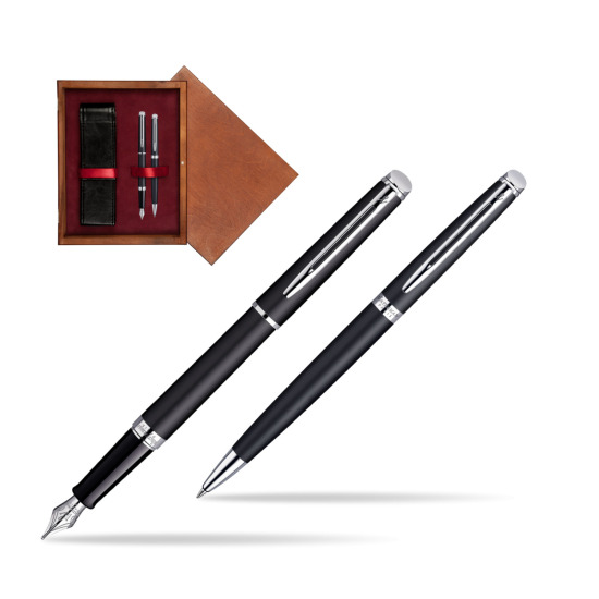 Waterman Hémisphère Matt Black CT Penna Stilografica + Waterman Hémisphère Matt Black CT Penna a Sfera in double wooden box Mahogany Double Maroon