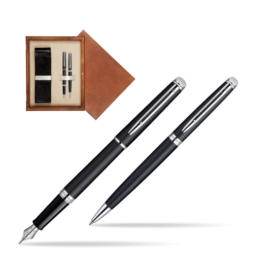Waterman Hémisphère Matt Black CT Penna Stilografica + Waterman Hémisphère Matt Black CT Penna a Sfera in double wooden box Mahogany Double Ecru