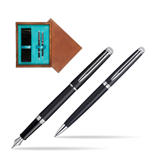 Waterman Hémisphère Matt Black CT Penna Stilografica + Waterman Hémisphère Matt Black CT Penna a Sfera in double wooden box Mahogany Double Turquoise 