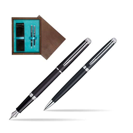 Waterman Hémisphère Matt Black CT Penna Stilografica + Waterman Hémisphère Matt Black CT Penna a Sfera in double wooden box Wenge Double Turquoise 