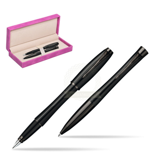 Parker Urban Premium Matte Black Lacquer Fountain Pen + Parker Urban Premium Matte Black Lacquer Ballpoint Pen in a Gift Box in suede box fuchsia