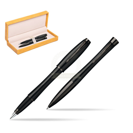 Parker Urban Premium Matte Black Lacquer Fountain Pen + Parker Urban Premium Matte Black Lacquer Ballpoint Pen in a Gift Box in suede box yellow