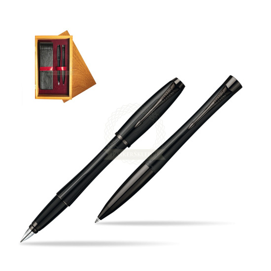 Parker Urban Premium Matte Black Lacquer Fountain Pen + Parker Urban Premium Matte Black Lacquer Ballpoint Pen in a Gift Box in double wooden box Honey Double Maroon