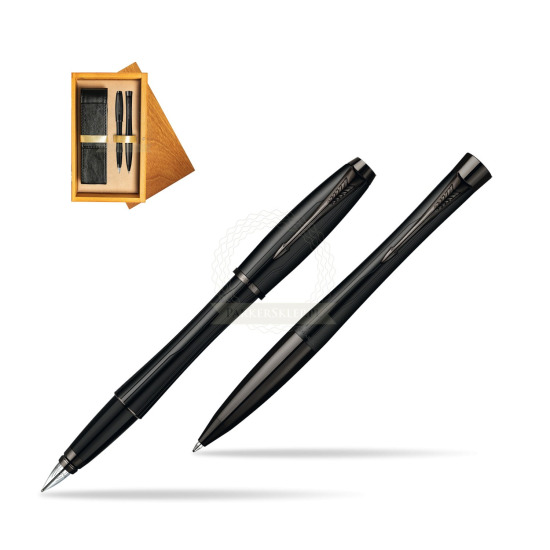 Parker Urban Premium Matte Black Lacquer Fountain Pen + Parker Urban Premium Matte Black Lacquer Ballpoint Pen in a Gift Box in double wooden box Honey Double Ecru