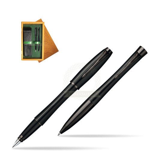 Parker Urban Premium Matte Black Lacquer Fountain Pen + Parker Urban Premium Matte Black Lacquer Ballpoint Pen in a Gift Box in double wooden box Honey Green