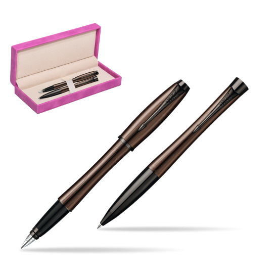 Parker Urban Premium Metallic Brown Lacquer Fountain Pen + Parker Urban Premium Metallic Brown Lacquer Ballpoint Pen in a Gift Box in suede box fuchsia