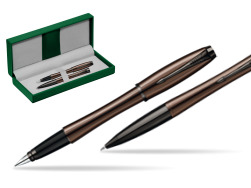 Parker Urban Premium Metallic Brown Lacquer Penna Stilografica + Parker Urban Premium Metallic Brown Lacquer Penna a Sfera Set regalo in the green leather box