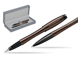 Parker Urban Premium Metallic Brown Lacquer Fountain Pen + Parker Urban Premium Metallic Brown Lacquer Ballpoint Pen in a Gift Box in suede box grey