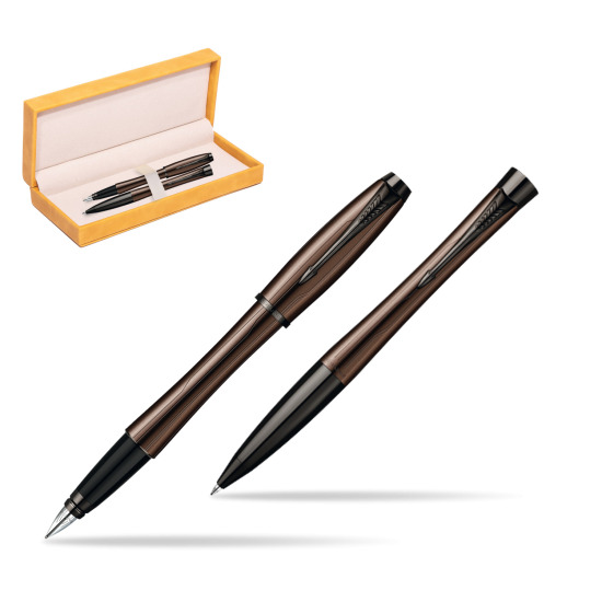 Parker Urban Premium Metallic Brown Lacquer Fountain Pen + Parker Urban Premium Metallic Brown Lacquer Ballpoint Pen in a Gift Box in suede box yellow