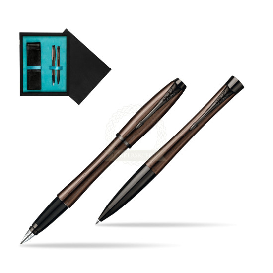 Parker Urban Premium Metallic Brown Lacquer Fountain Pen + Parker Urban Premium Metallic Brown Lacquer Ballpoint Pen in a Gift Box in double wooden box Black Double Turquoise