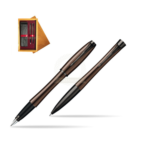 Parker Urban Premium Metallic Brown Lacquer Fountain Pen + Parker Urban Premium Metallic Brown Lacquer Ballpoint Pen in a Gift Box in double wooden box Honey Double Maroon