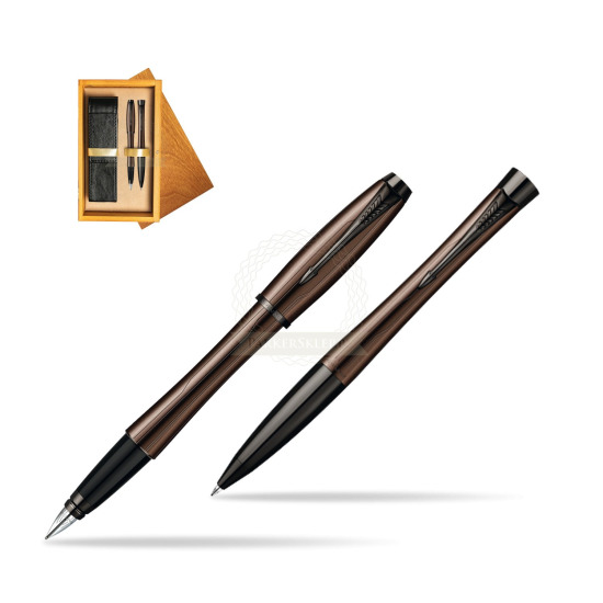 Parker Urban Premium Metallic Brown Lacquer Fountain Pen + Parker Urban Premium Metallic Brown Lacquer Ballpoint Pen in a Gift Box in double wooden box Honey Double Ecru