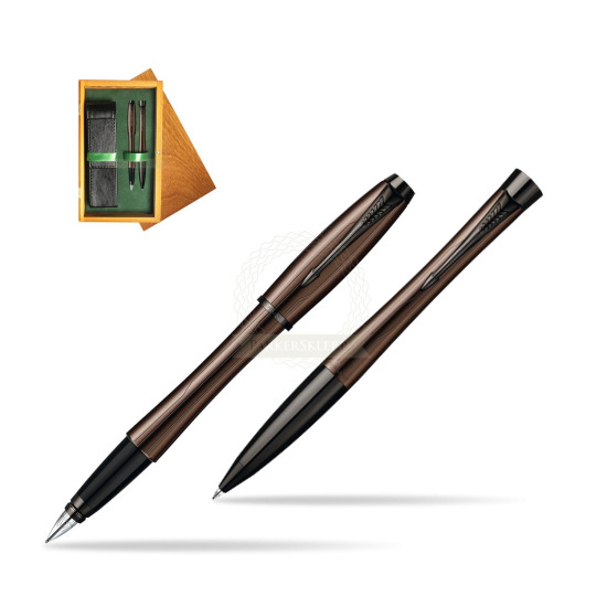 Parker Urban Premium Metallic Brown Lacquer Fountain Pen + Parker Urban Premium Metallic Brown Lacquer Ballpoint Pen in a Gift Box in double wooden box Honey Green