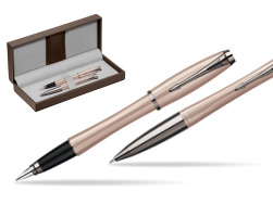 Parker Urban Premium Metallic Pink Lacquer Penna Stilografica + Parker Urban Premium Metallic Pink Lacquer Penna a Sfera Set regalo in the brown leather box