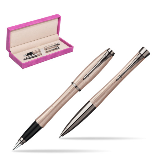 Parker Urban Premium Metallic Pink Lacquer Fountain Pen + Parker Urban Premium Metallic Pink Lacquer Ballpoint Pen in a Gift Box in suede box fuchsia