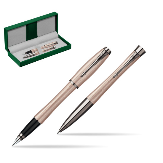 Parker Urban Premium Metallic Pink Lacquer Penna Stilografica + Parker Urban Premium Metallic Pink Lacquer Penna a Sfera Set regalo in the green leather box